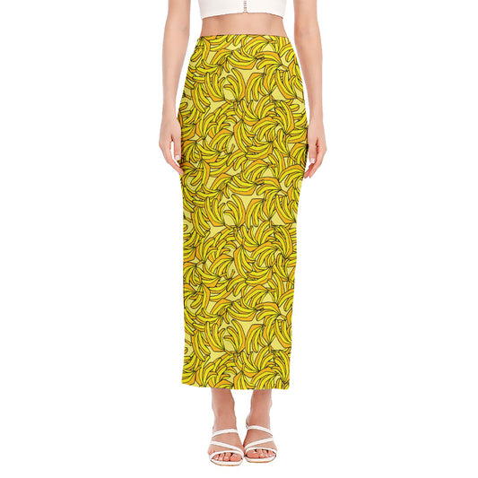 Yellow Geometric Banana Pattern Print Side Slit Maxi Skirt