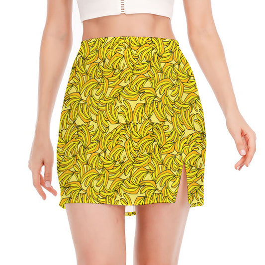 Yellow Geometric Banana Pattern Print Side Slit Mini Skirt