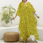 Yellow Geometric Banana Pattern Print Silk V-Neck Kaftan Dress
