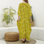 Yellow Geometric Banana Pattern Print Silk V-Neck Kaftan Dress