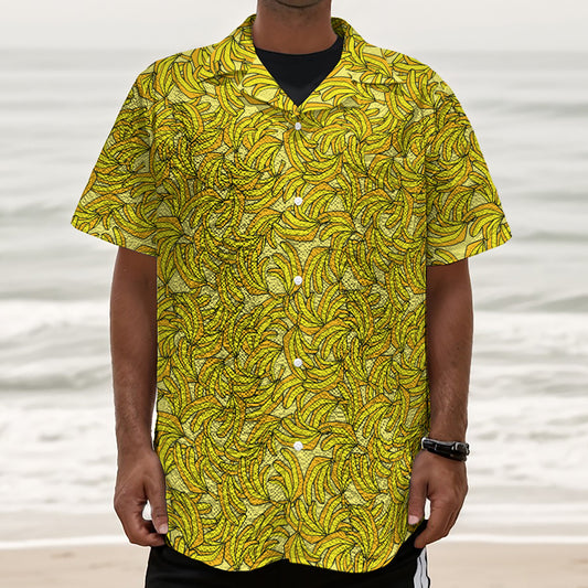 Yellow Geometric Banana Pattern Print Textured Short Sleeve Shirt