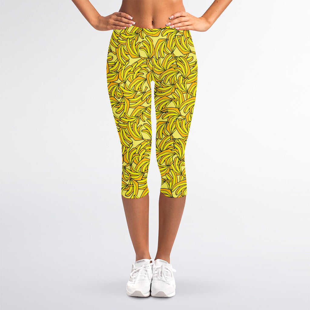 Yellow Geometric Banana Pattern Print Women's Capri Leggings