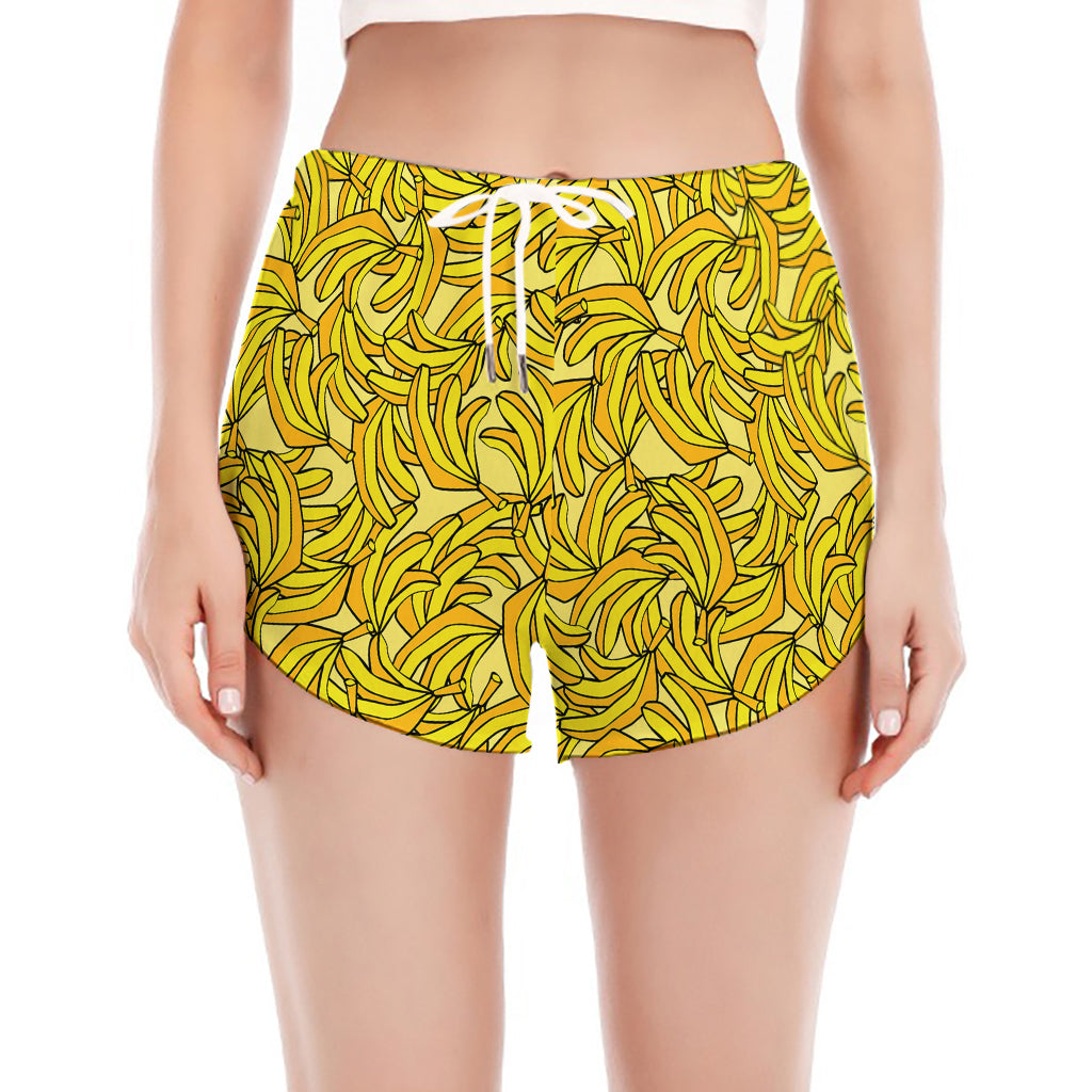 Yellow Geometric Banana Pattern Print Women's Split Running Shorts