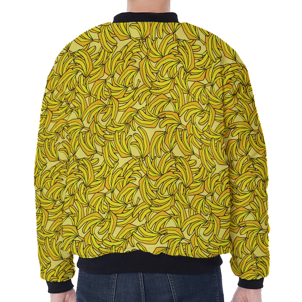 Yellow Geometric Banana Pattern Print Zip Sleeve Bomber Jacket