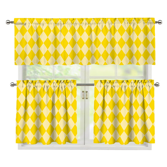 Yellow Harlequin Pattern Print 3 Piece Kitchen Curtains