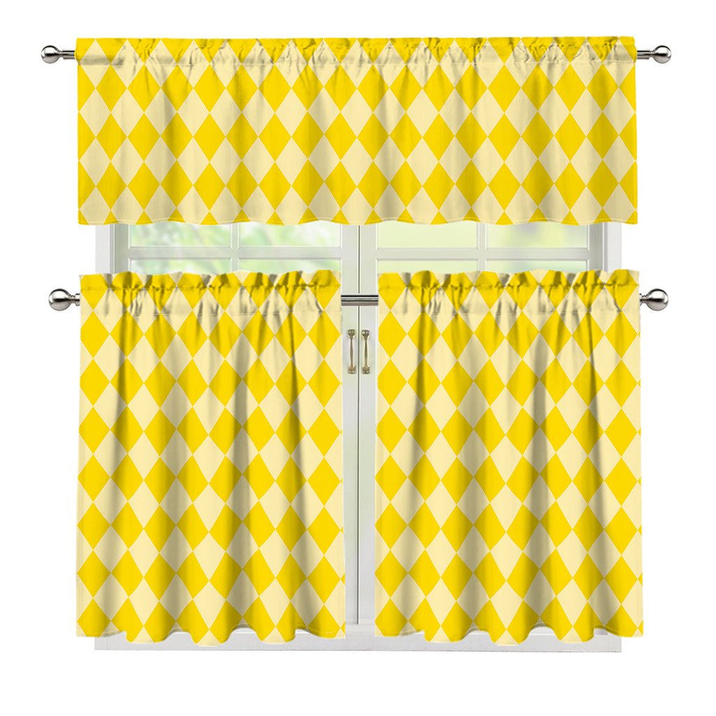 Yellow Harlequin Pattern Print 3 Piece Kitchen Curtains