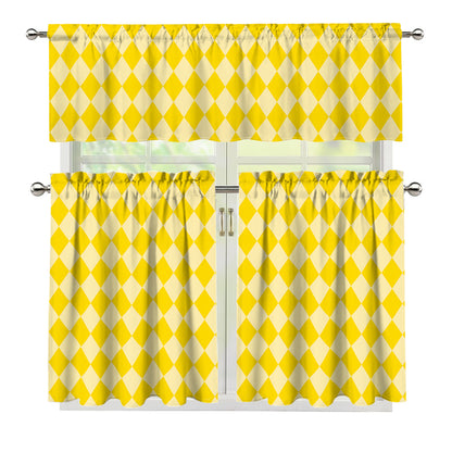 Yellow Harlequin Pattern Print 3 Piece Kitchen Curtains