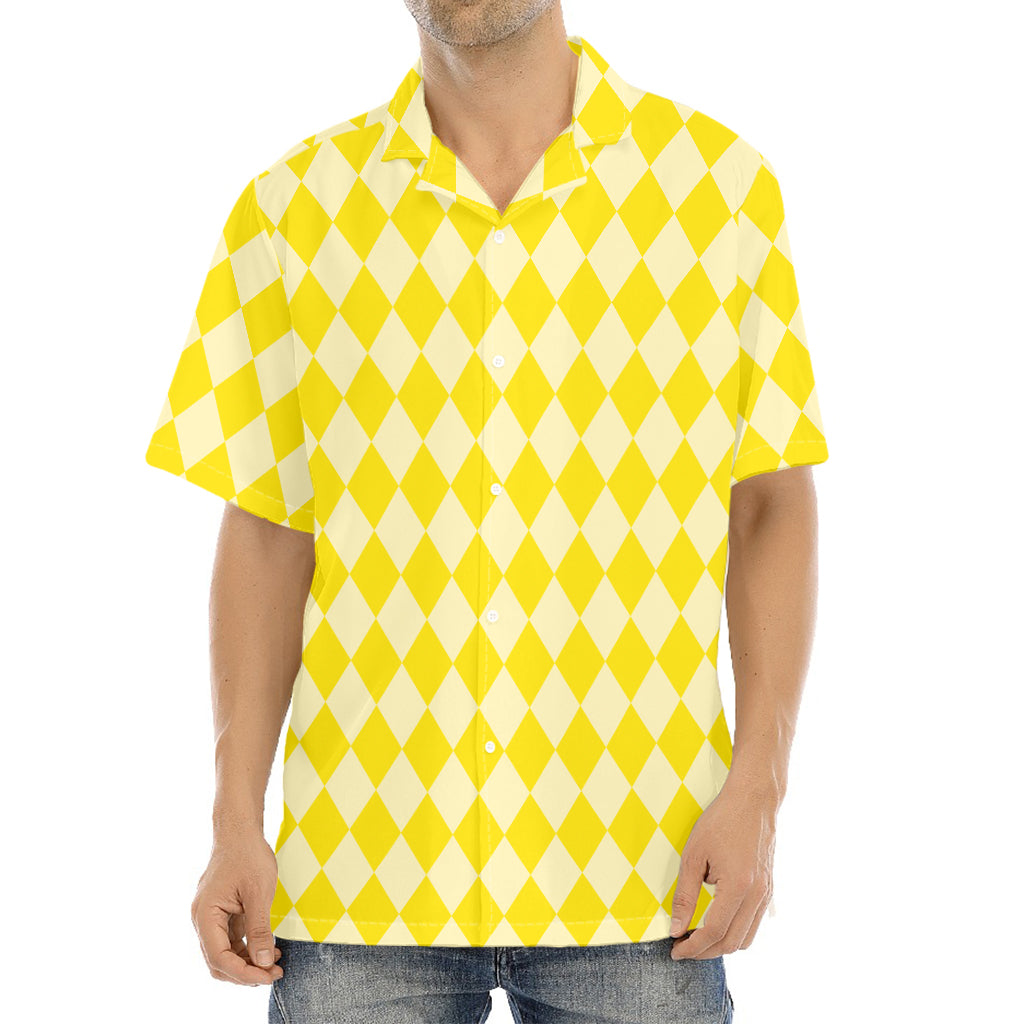 Yellow Harlequin Pattern Print Aloha Shirt