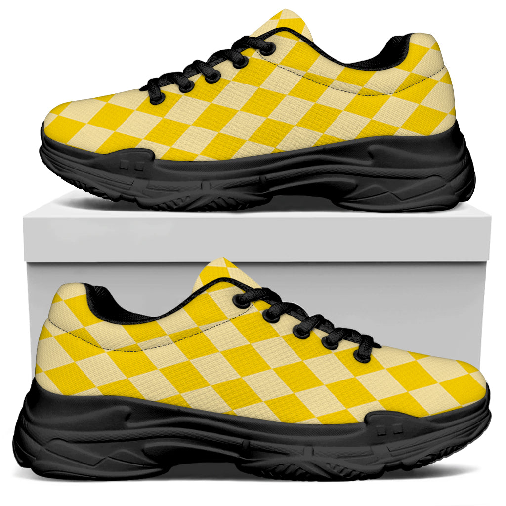 Yellow Harlequin Pattern Print Black Chunky Shoes