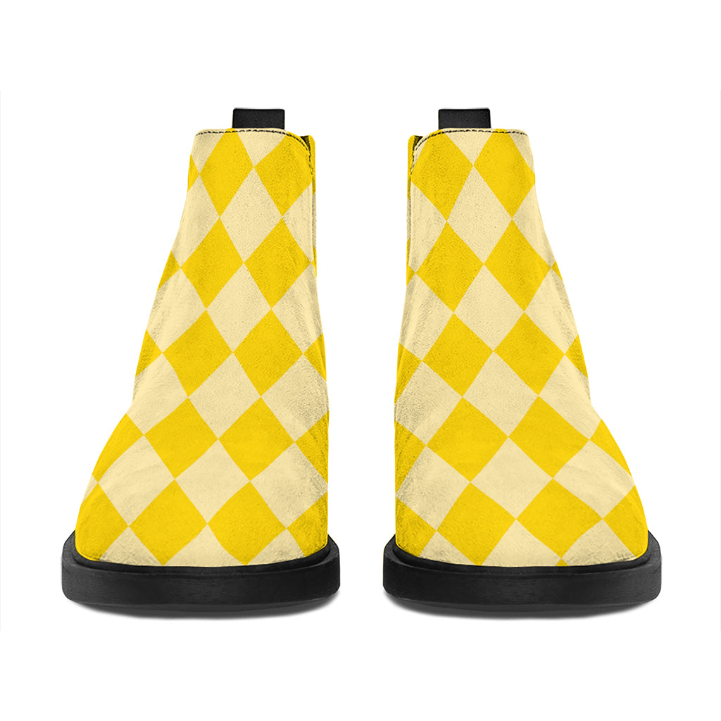 Yellow Harlequin Pattern Print Flat Ankle Boots