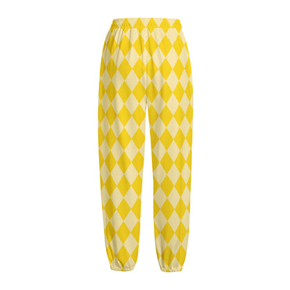 Yellow Harlequin Pattern Print Fleece Lined Knit Pants