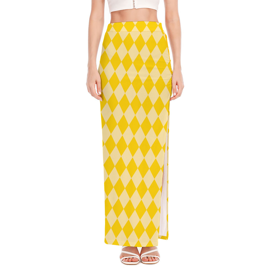 Yellow Harlequin Pattern Print High Slit Maxi Skirt