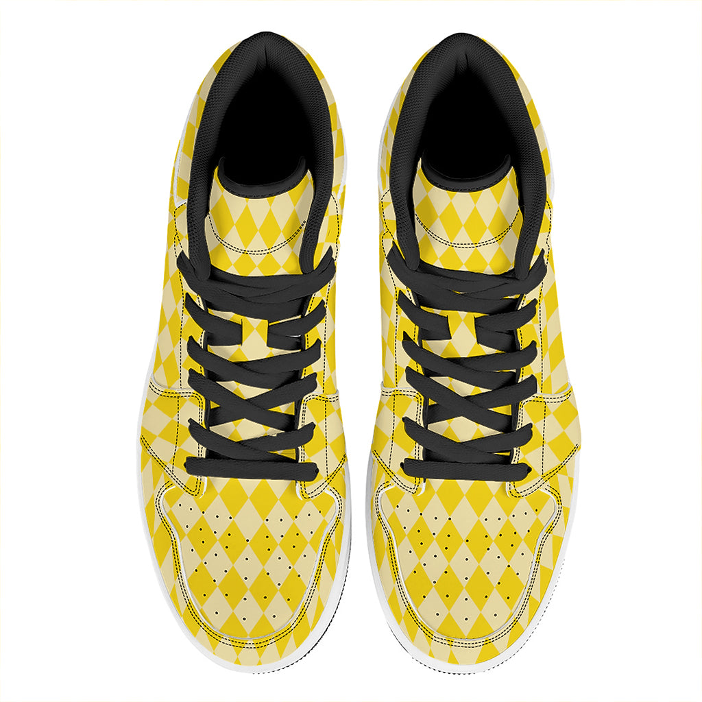 Yellow Harlequin Pattern Print High Top Leather Sneakers
