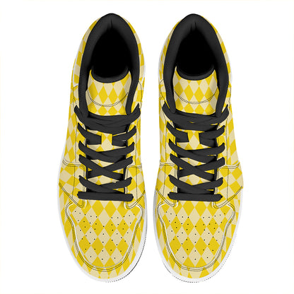 Yellow Harlequin Pattern Print High Top Leather Sneakers