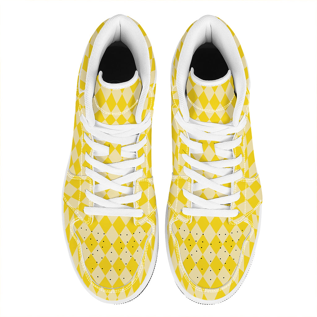 Yellow Harlequin Pattern Print High Top Leather Sneakers