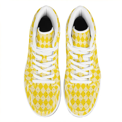 Yellow Harlequin Pattern Print High Top Leather Sneakers