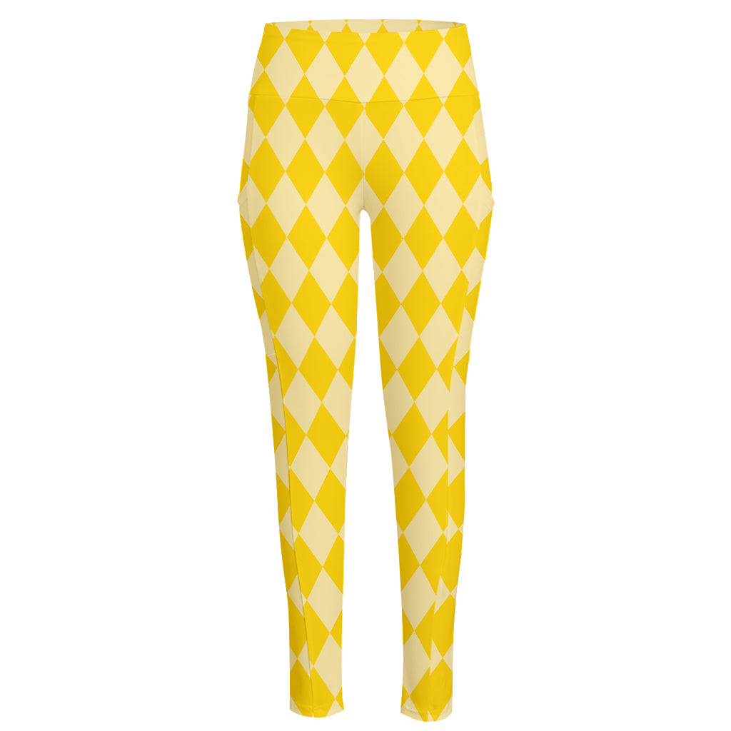 Yellow Harlequin Pattern Print High-Waisted Pocket Leggings