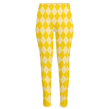 Yellow Harlequin Pattern Print High-Waisted Pocket Leggings