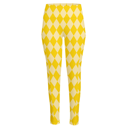 Yellow Harlequin Pattern Print High-Waisted Pocket Leggings