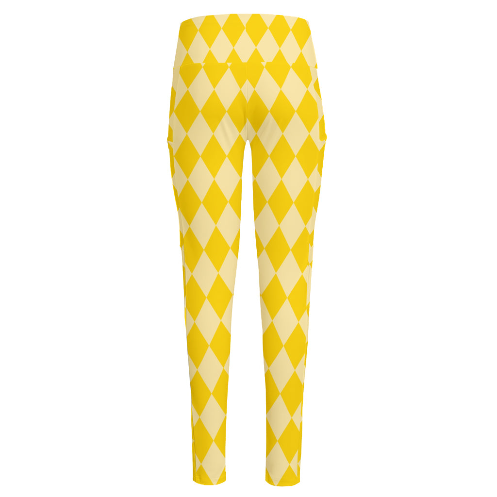 Yellow Harlequin Pattern Print High-Waisted Pocket Leggings