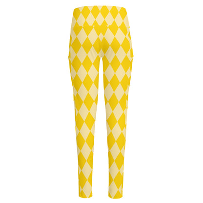 Yellow Harlequin Pattern Print High-Waisted Pocket Leggings