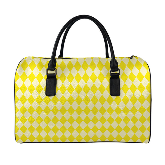 Yellow Harlequin Pattern Print Leather Duffle Bag