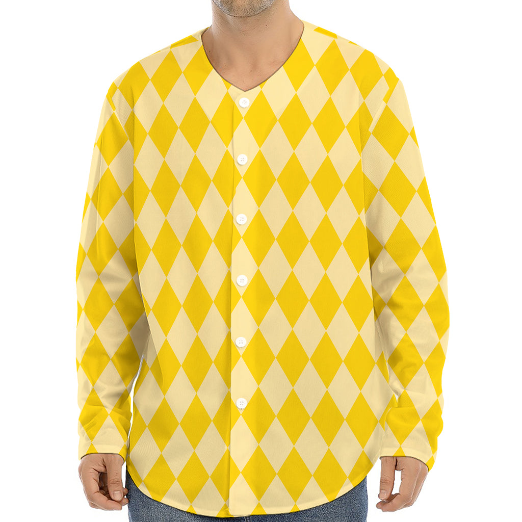 Yellow Harlequin Pattern Print Long Sleeve Baseball Jersey