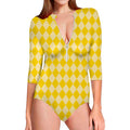 Yellow Harlequin Pattern Print Long Sleeve Swimsuit