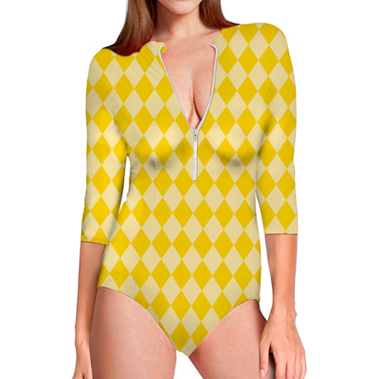 Yellow Harlequin Pattern Print Long Sleeve Swimsuit