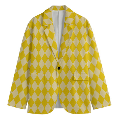 Yellow Harlequin Pattern Print Men's Cotton Blazer