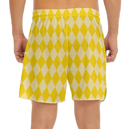 Yellow Harlequin Pattern Print Men's Split Running Shorts