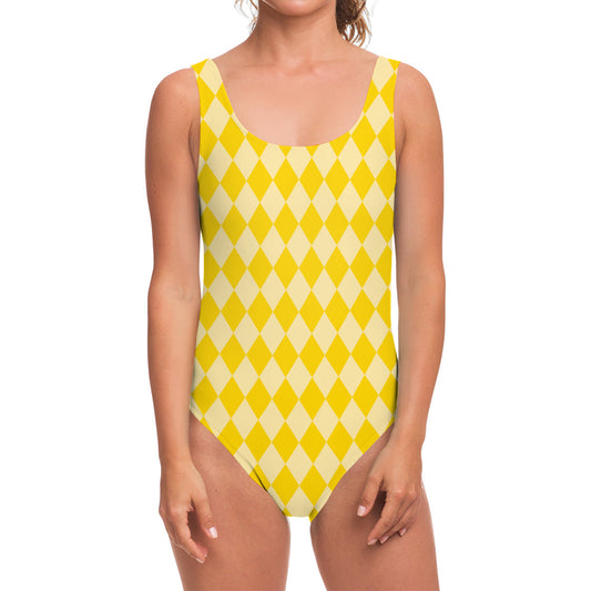 Yellow Harlequin Pattern Print One Piece Swimsuit