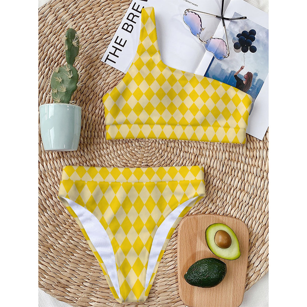Yellow Harlequin Pattern Print One Shoulder Bikini Top
