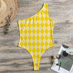 Yellow Harlequin Pattern Print One Shoulder Bodysuit