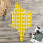 Yellow Harlequin Pattern Print One Shoulder Bodysuit