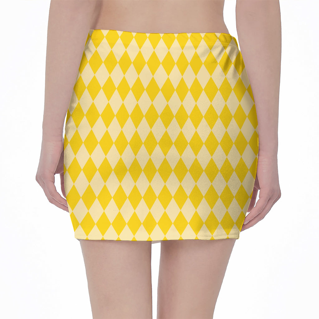 Yellow Harlequin Pattern Print Pencil Mini Skirt