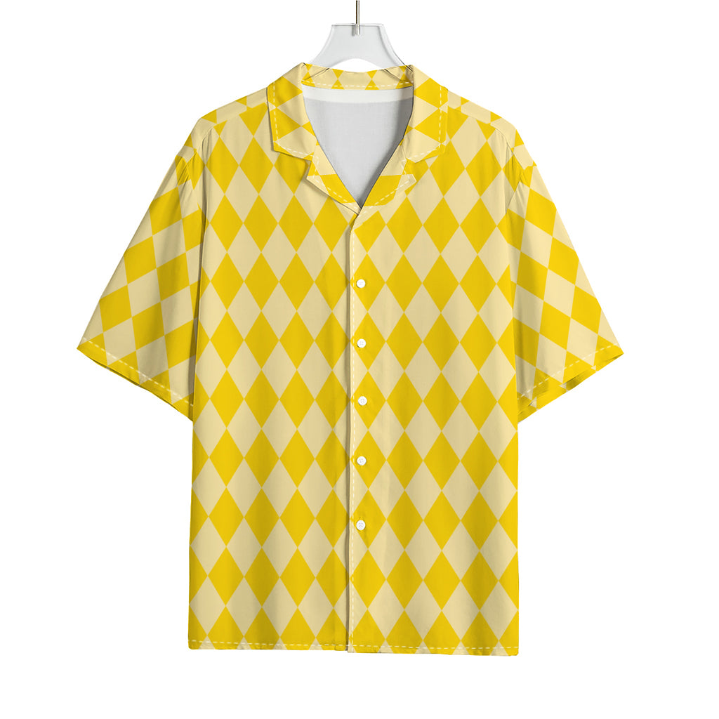 Yellow Harlequin Pattern Print Rayon Hawaiian Shirt