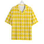 Yellow Harlequin Pattern Print Rayon Hawaiian Shirt