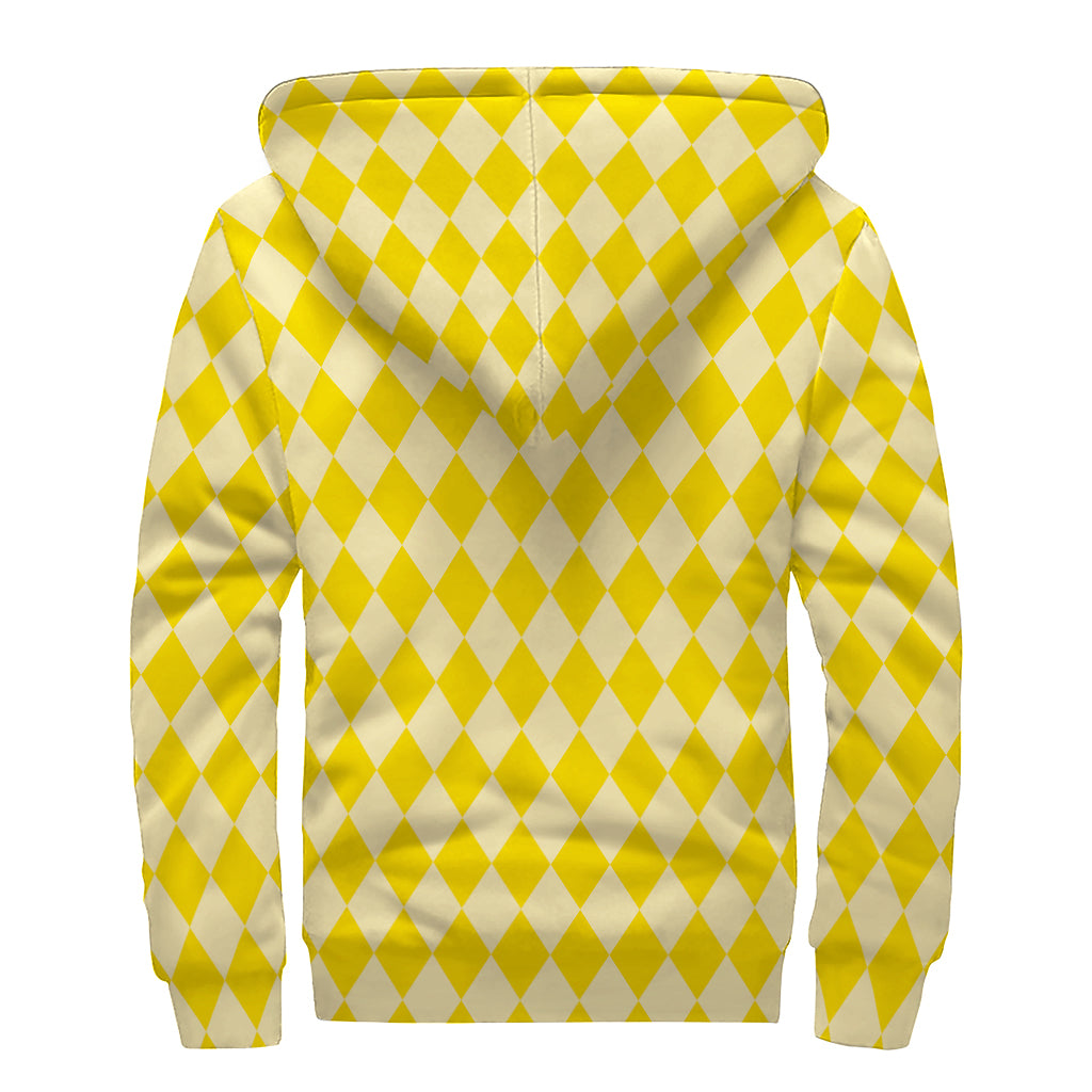 Yellow Harlequin Pattern Print Sherpa Lined Zip Up Hoodie