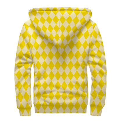 Yellow Harlequin Pattern Print Sherpa Lined Zip Up Hoodie