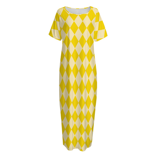 Yellow Harlequin Pattern Print Short Sleeve Long Nightdress