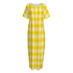 Yellow Harlequin Pattern Print Short Sleeve Long Nightdress
