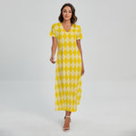 Yellow Harlequin Pattern Print Short Sleeve Maxi Dress