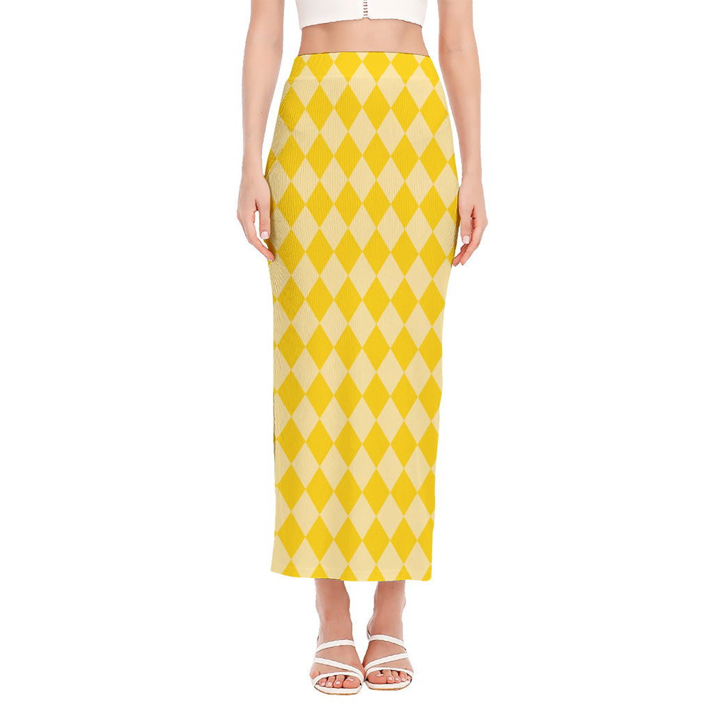 Yellow Harlequin Pattern Print Side Slit Maxi Skirt