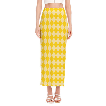 Yellow Harlequin Pattern Print Side Slit Maxi Skirt