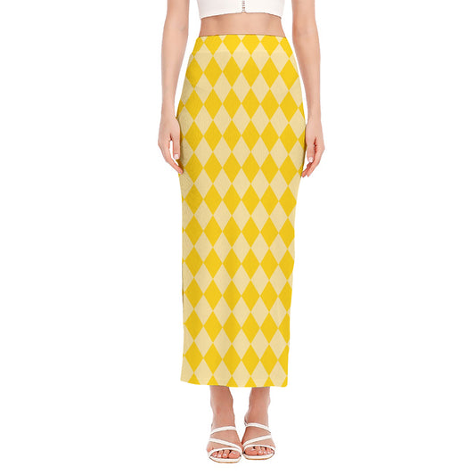 Yellow Harlequin Pattern Print Side Slit Maxi Skirt