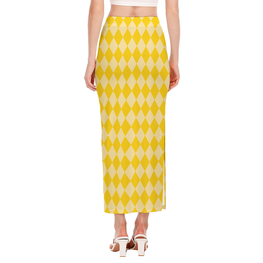 Yellow Harlequin Pattern Print Side Slit Maxi Skirt