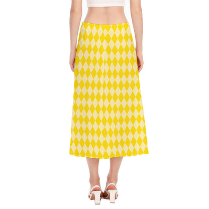 Yellow Harlequin Pattern Print Side Slit Midi Skirt