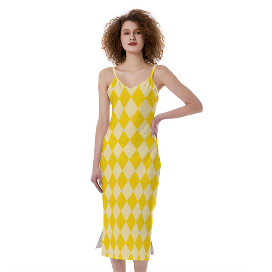 Yellow Harlequin Pattern Print Slim Fit Midi Cami Dress