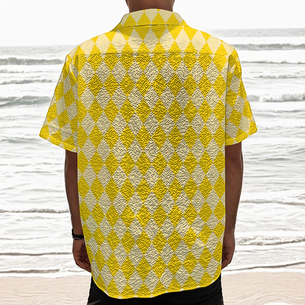 Yellow Harlequin Pattern Print Textured Short Sleeve Shirt